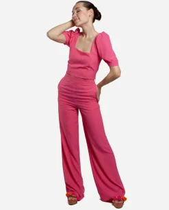 Crop Top Mangas Abullonadas Crep Fucsia