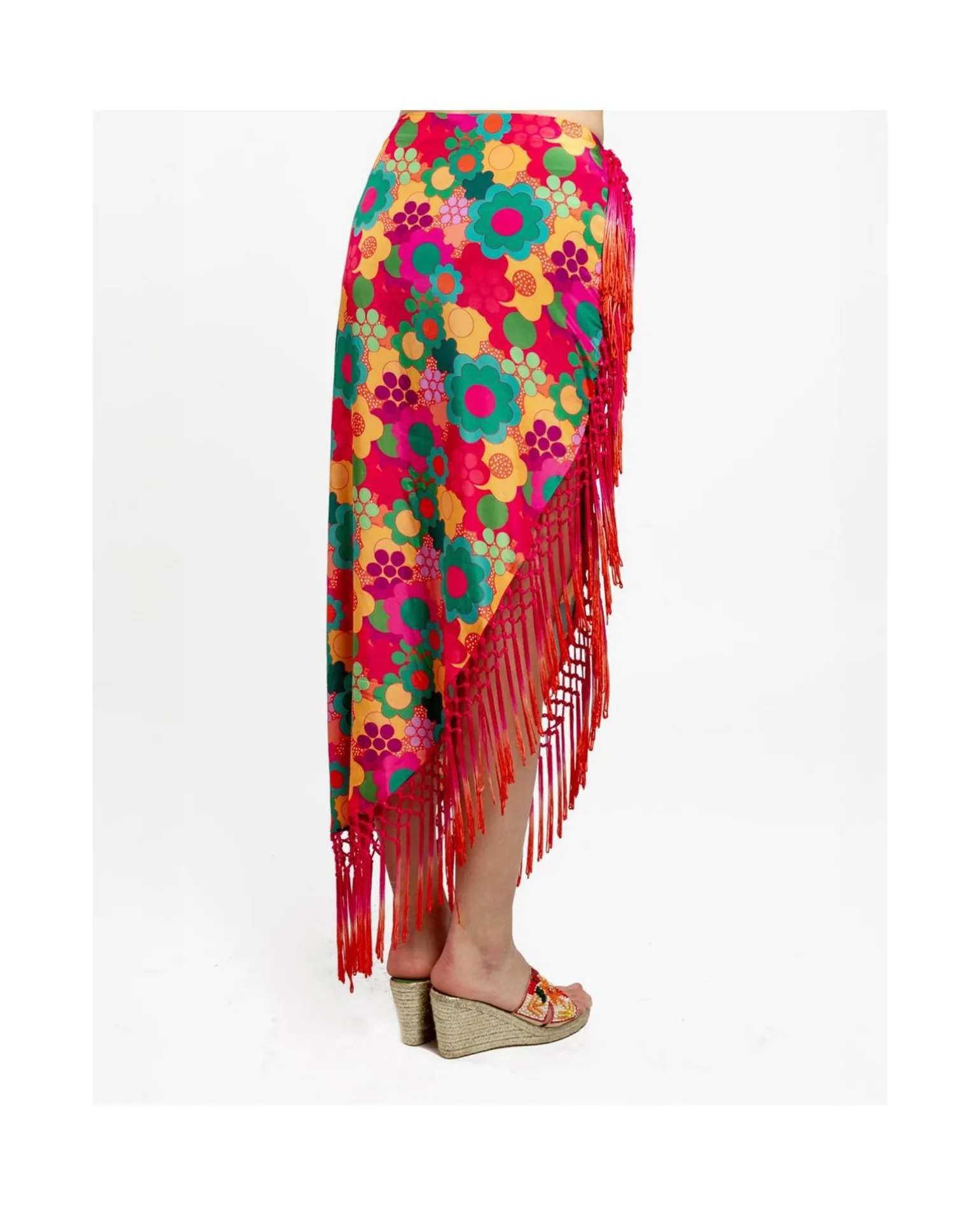 Falda Pareo Flecos Saten Estampado Flores