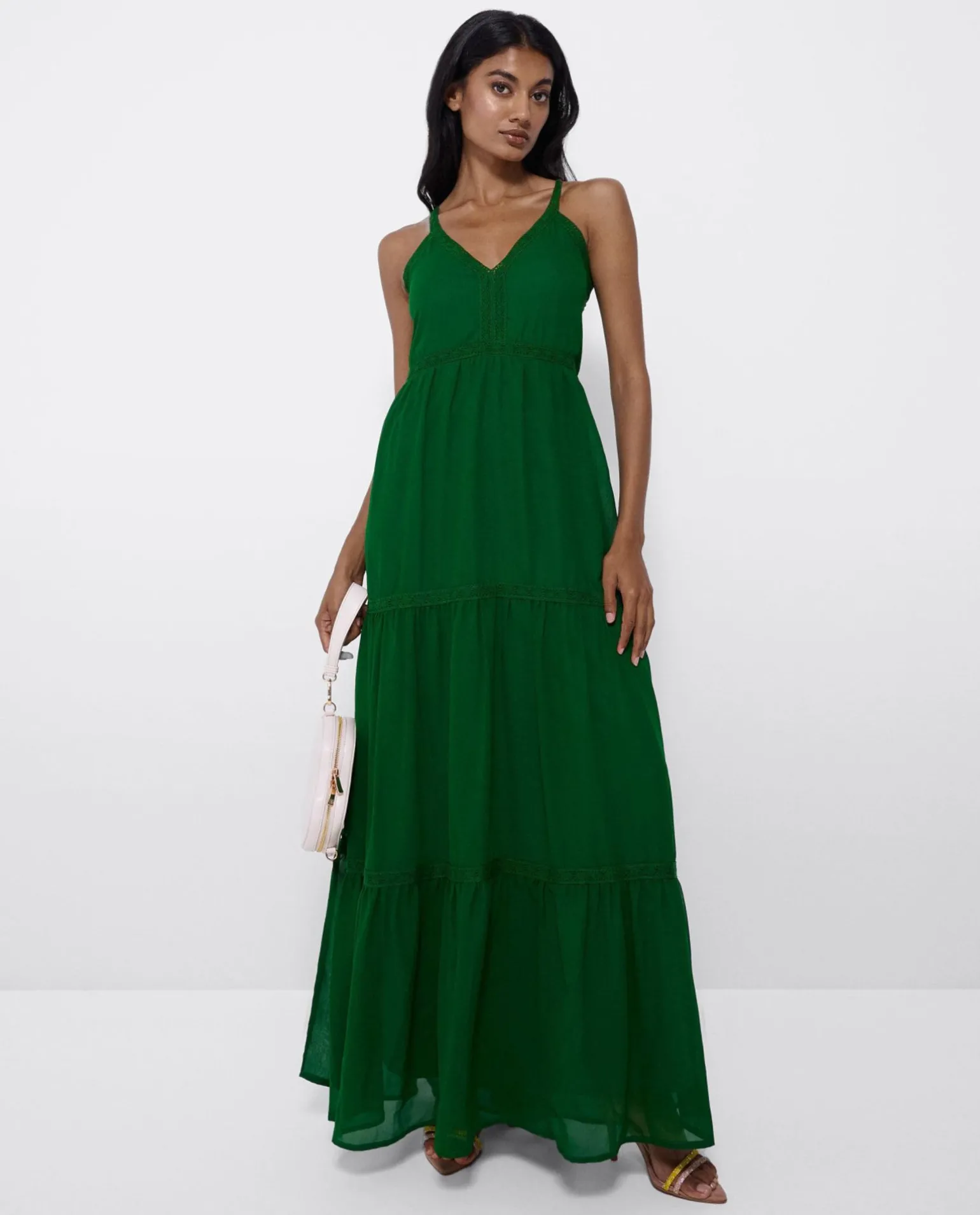 Maxi Vestido Tirantes Encaje Algodon Verde