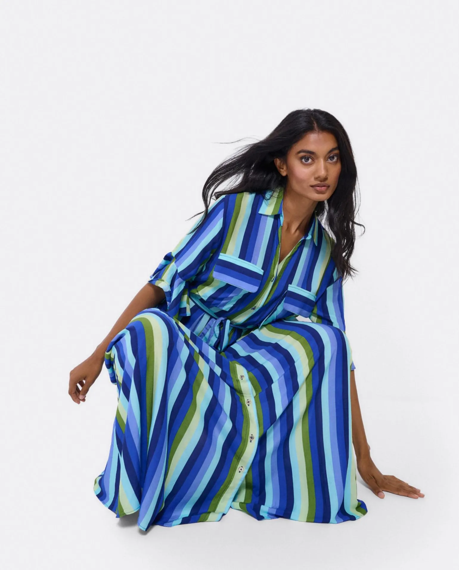 Maxivestido Camisero Algodon Rayas Azul