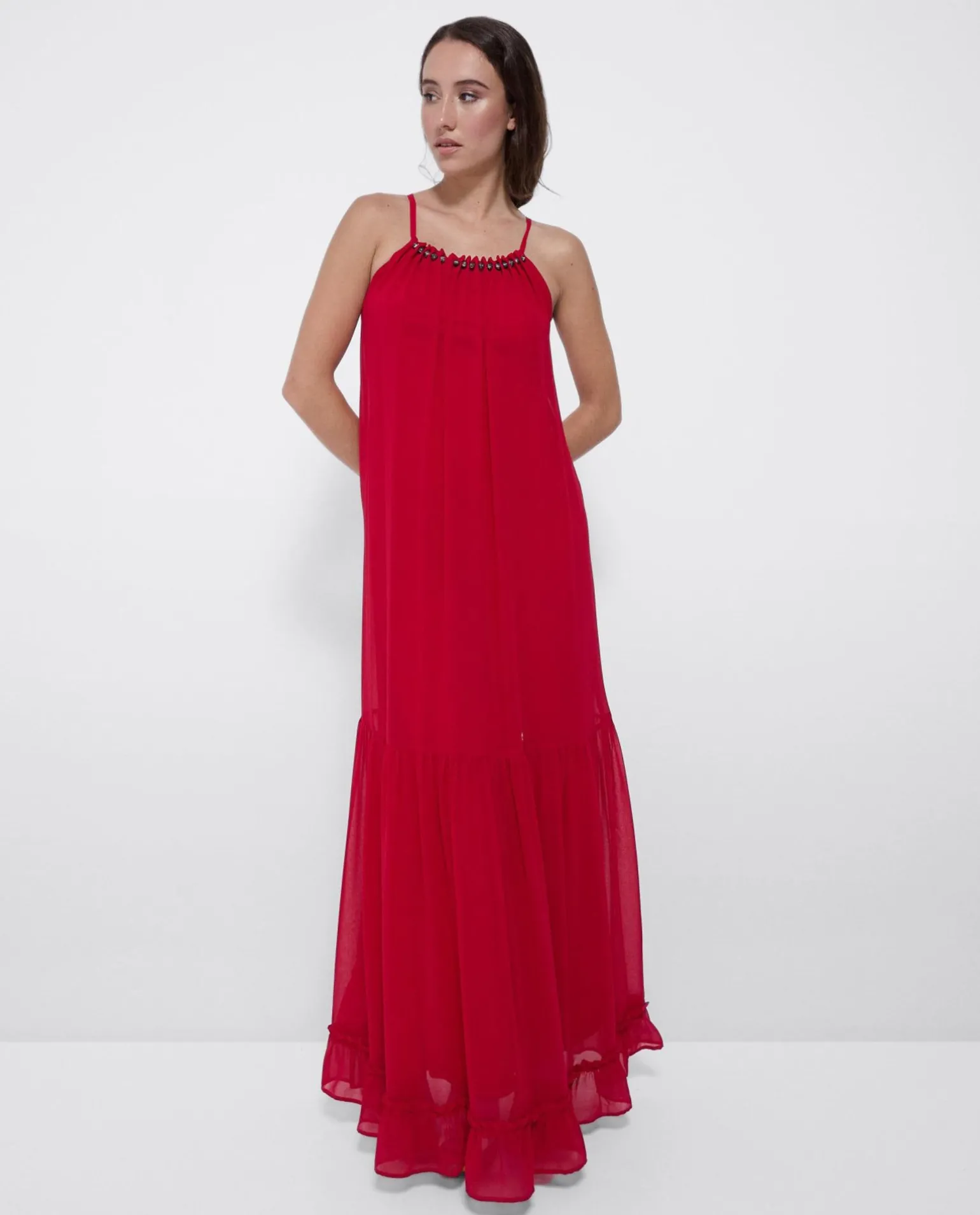 Vestido Largo Bolas Gasa Rojo