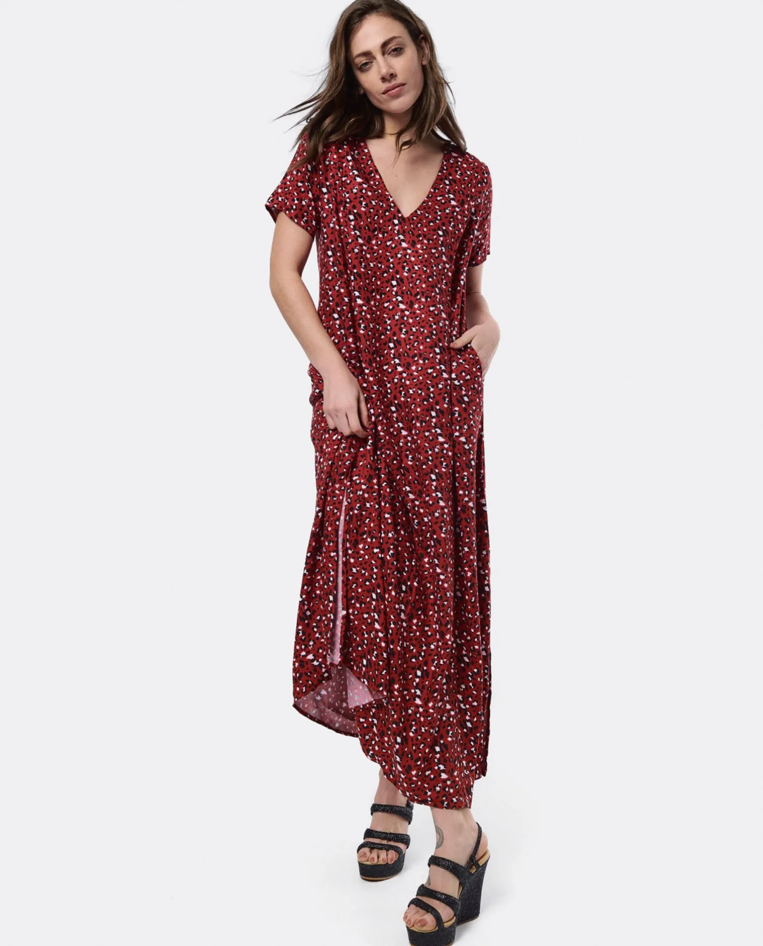 Vestido Largo Viscosa Leopardo Rojo